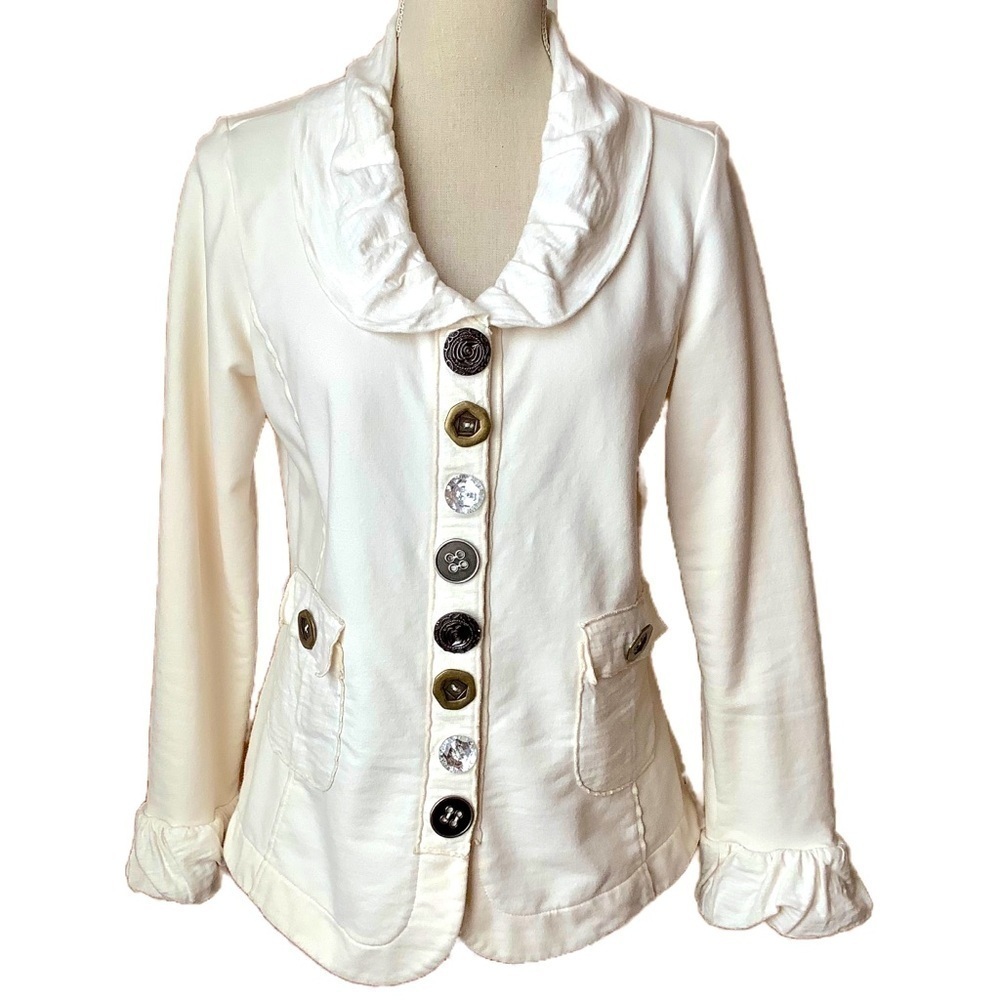 NEON BUDDHA Cream French Terry Ruffle Cardigan Button Jacket Size S